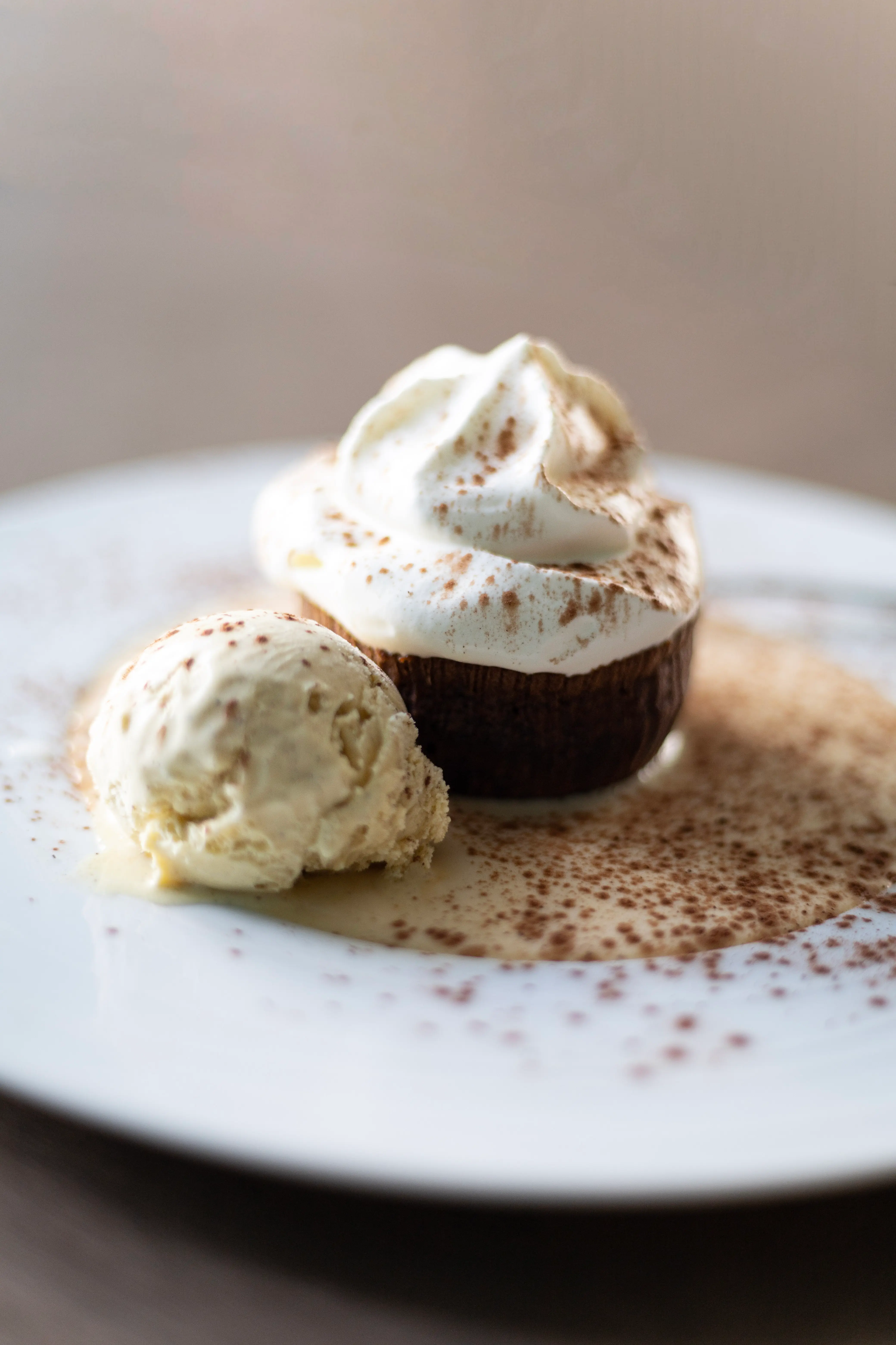 Chocolate fondant, crème anglaise and whipped cream