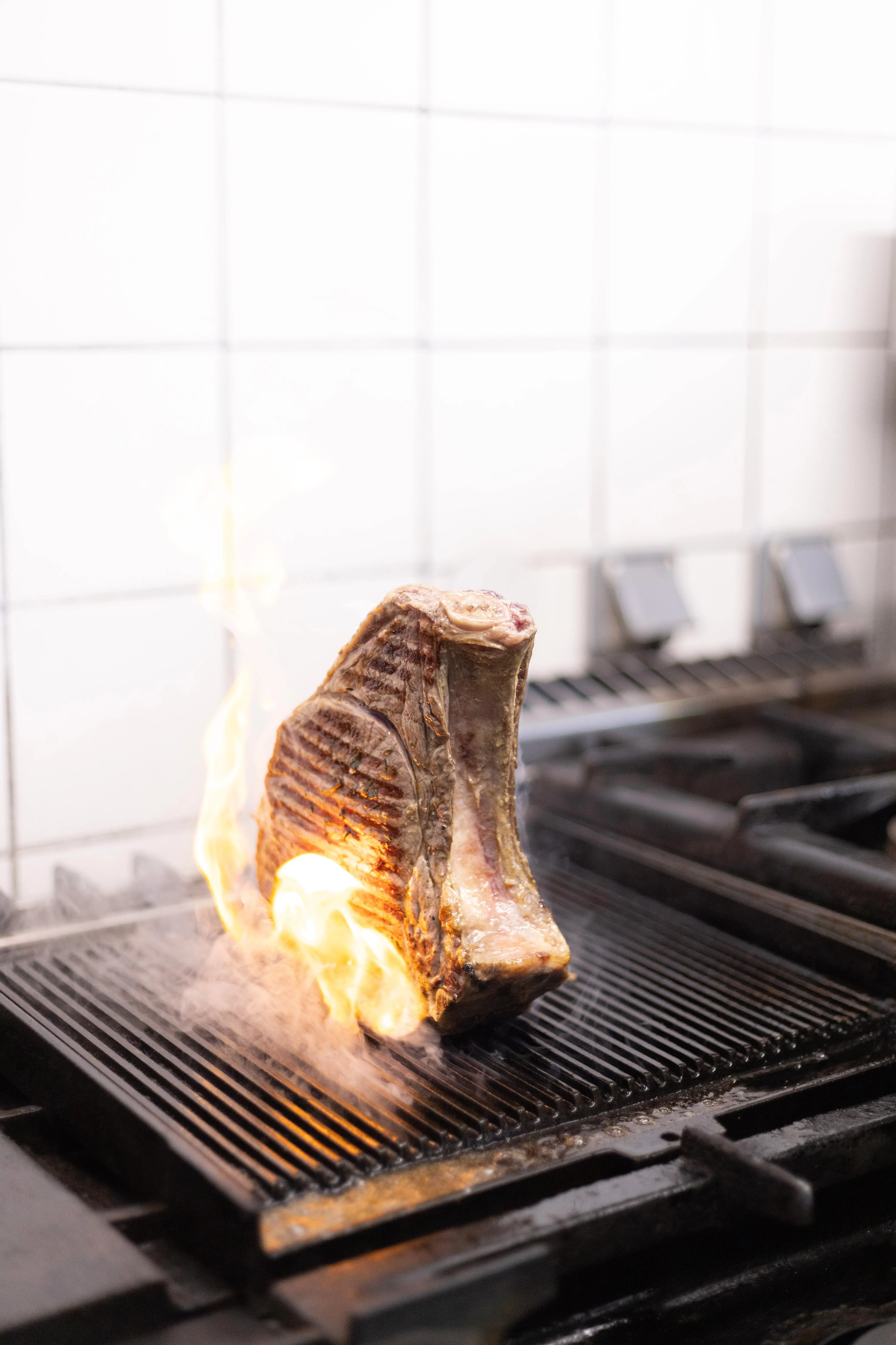 Cut of meat flambéed on the grill